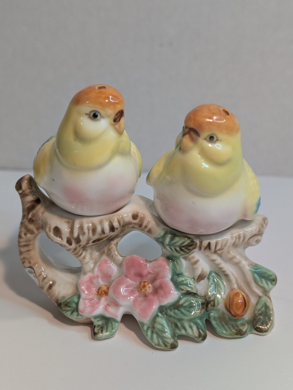 Vintage Japan Yellow Finches Salt and Pepper Shakers with Nest Stand